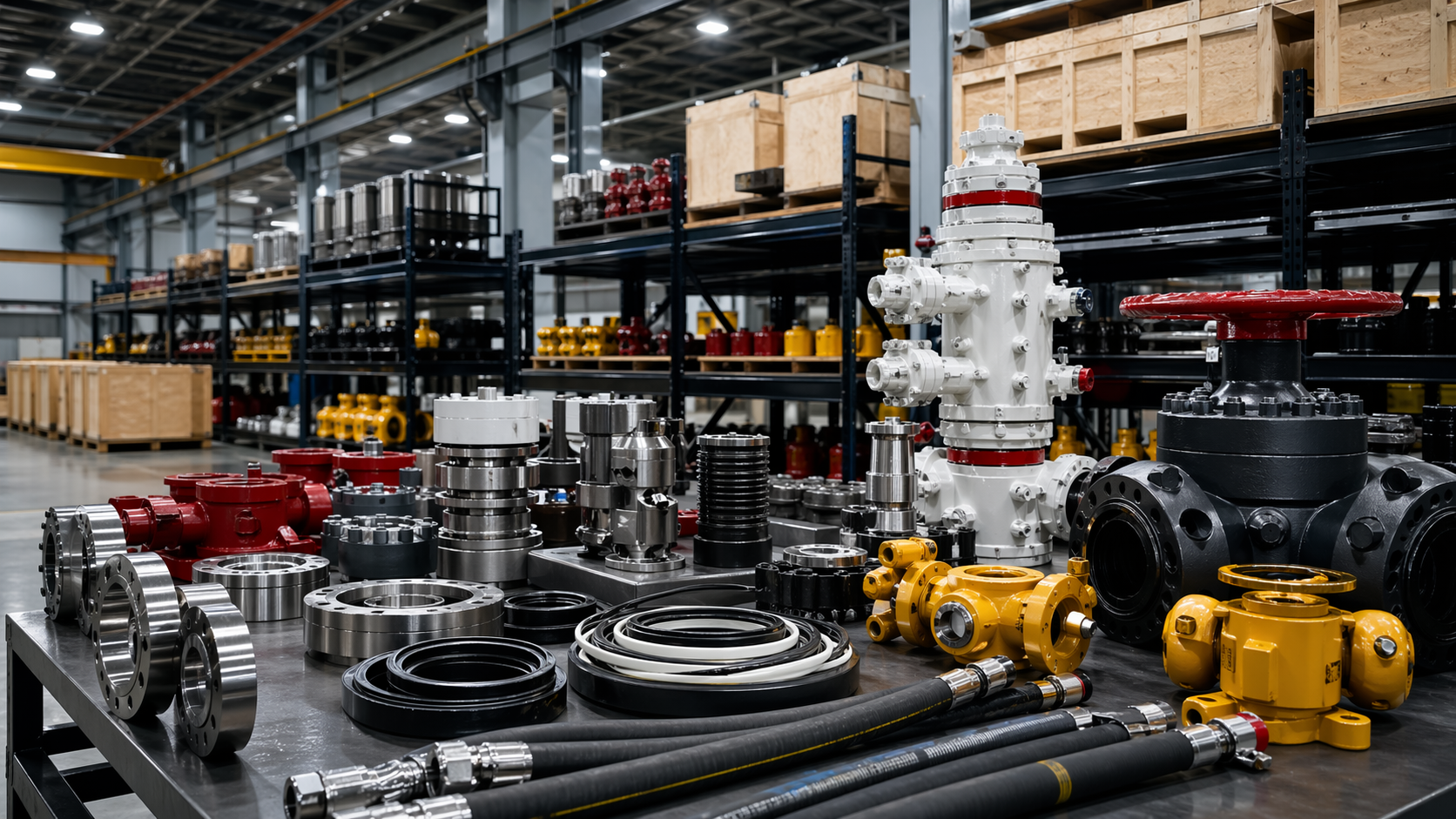 Oilfield components organized on a warehouse worktable